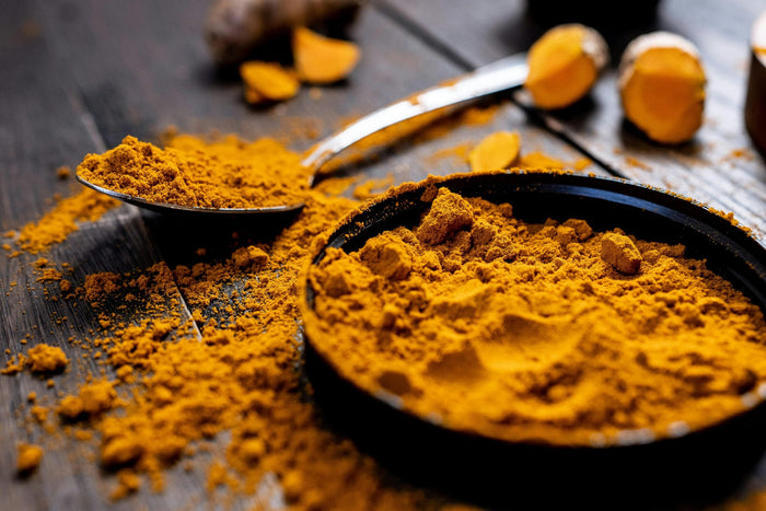 Poudre de curcuma naturelle dans un bol avec une cuillère, racine de curcuma fraîche en arrière-plan