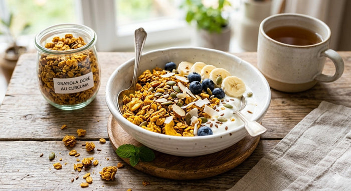 Un bol de yaourt garni de granola doré au curcuma, amandes, graines de courge, bleuets et tranches de banane, posé sur une table en bois rustique à côté d'un bocal en verre rempli de granola.